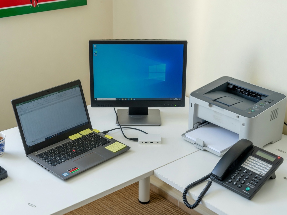 Laptop, monitor, printer and desk phone