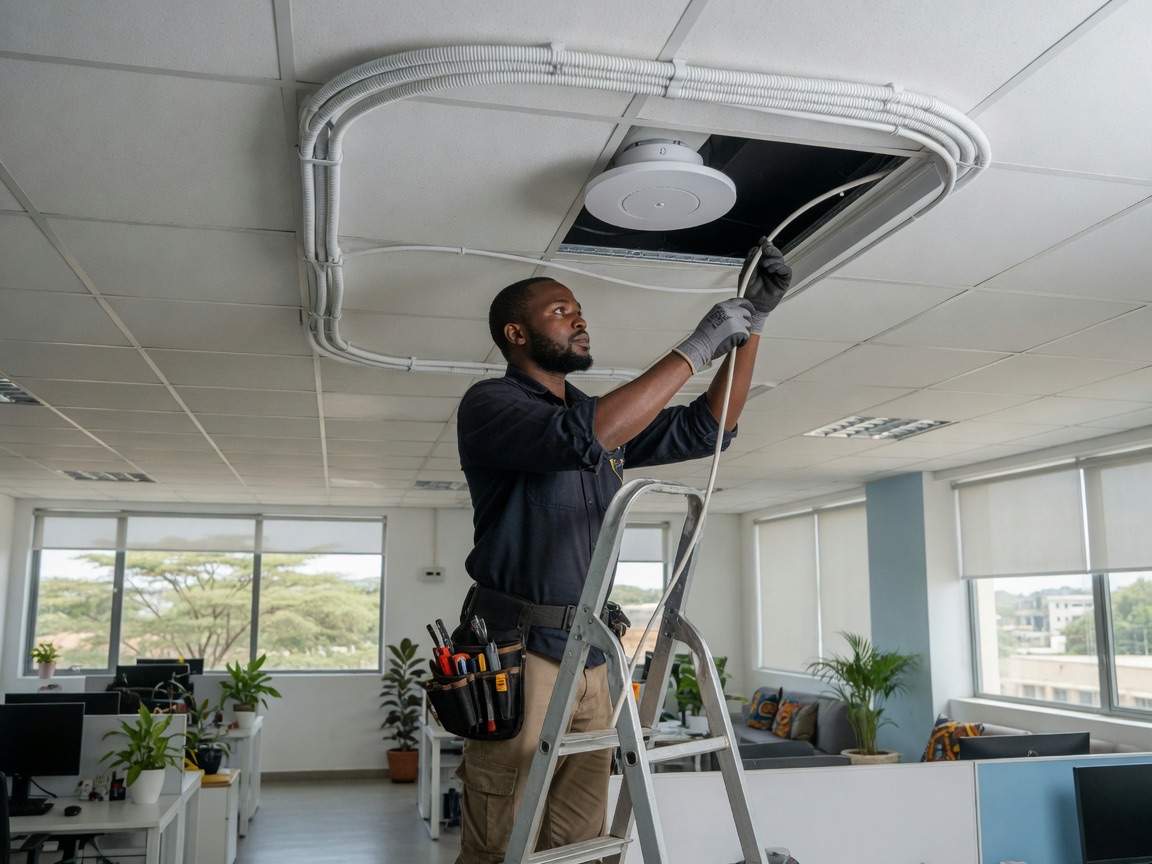 Technician installing a ceiling access point