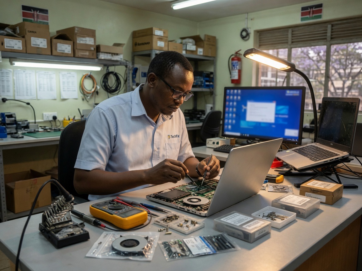 Technician repairing a laptop in the workshop